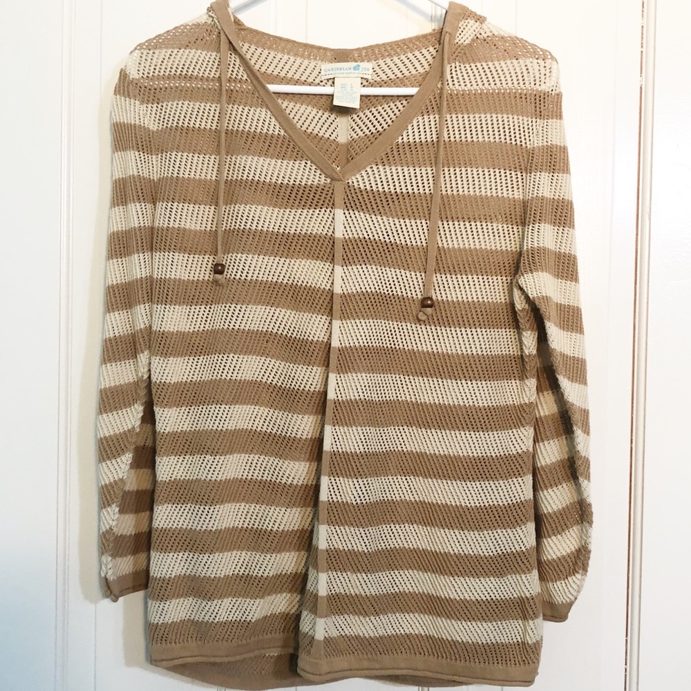 Caribbean Joe 100% Cotton Striped Loose Knit Hooded Sweater with Drawstrings